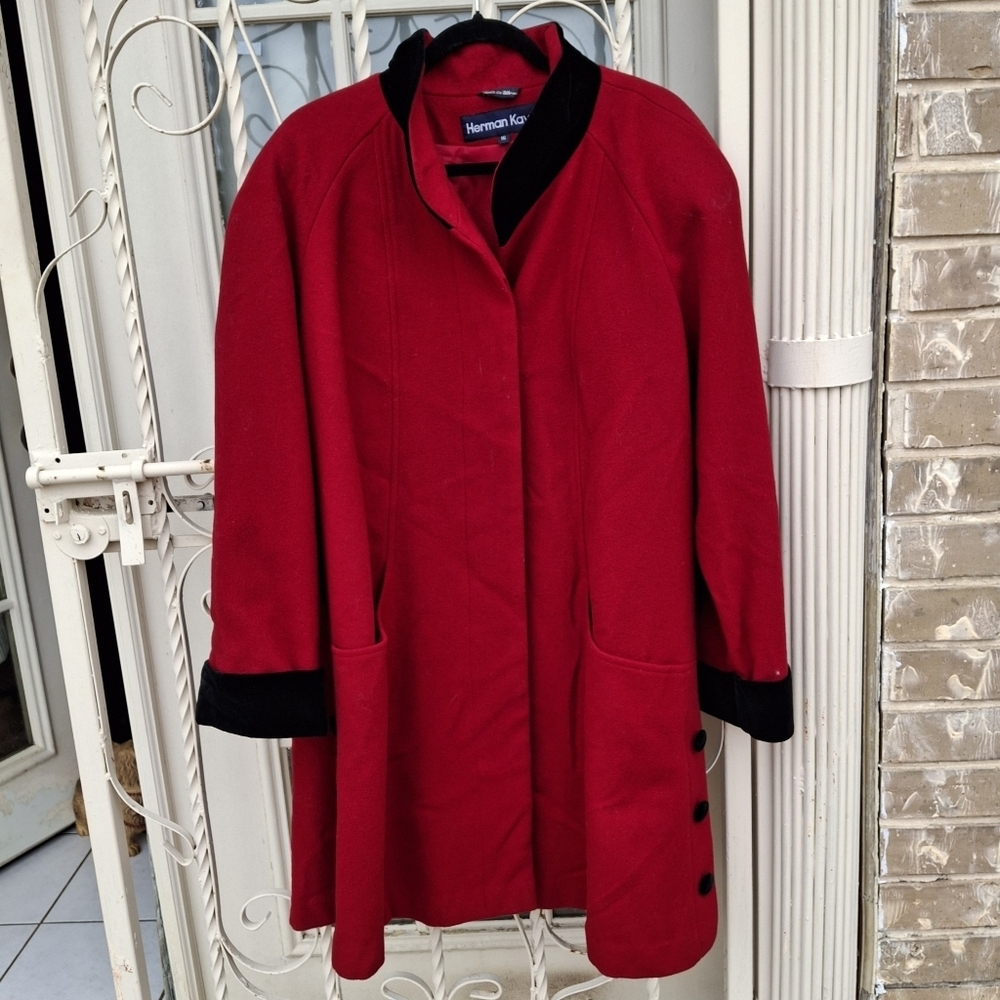 Herman Kay Red Wool and Black Velvet Trim Coat Vintage Women Size 16 - Picture 10 of 16